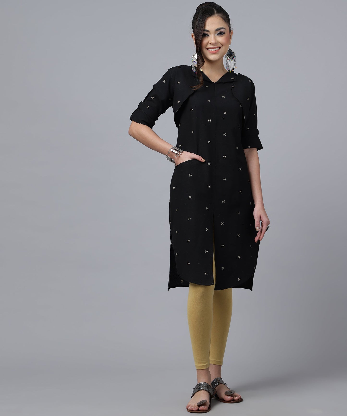 ANUSHIL Women Cotton Printed Center Slit Design V-Neck Elbow Sleeve Calf Length Kurti with Attached Koti (Black)