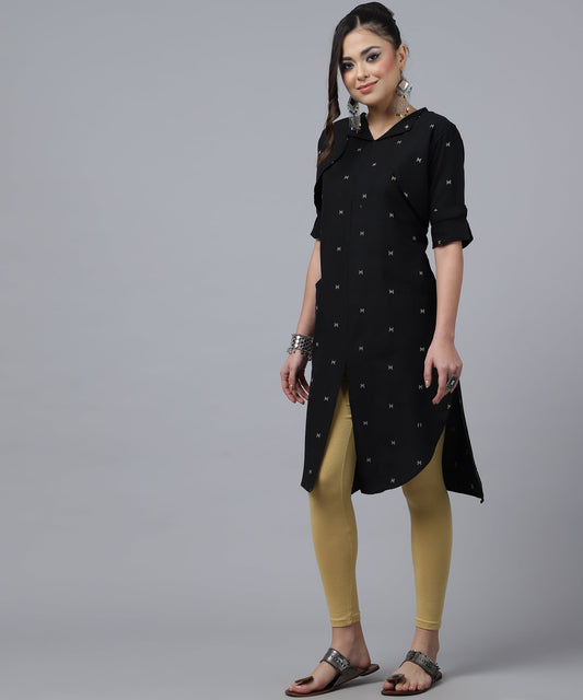 ANUSHIL Women Cotton Printed Center Slit Design V-Neck Elbow Sleeve Calf Length Kurti with Attached Koti (Black)
