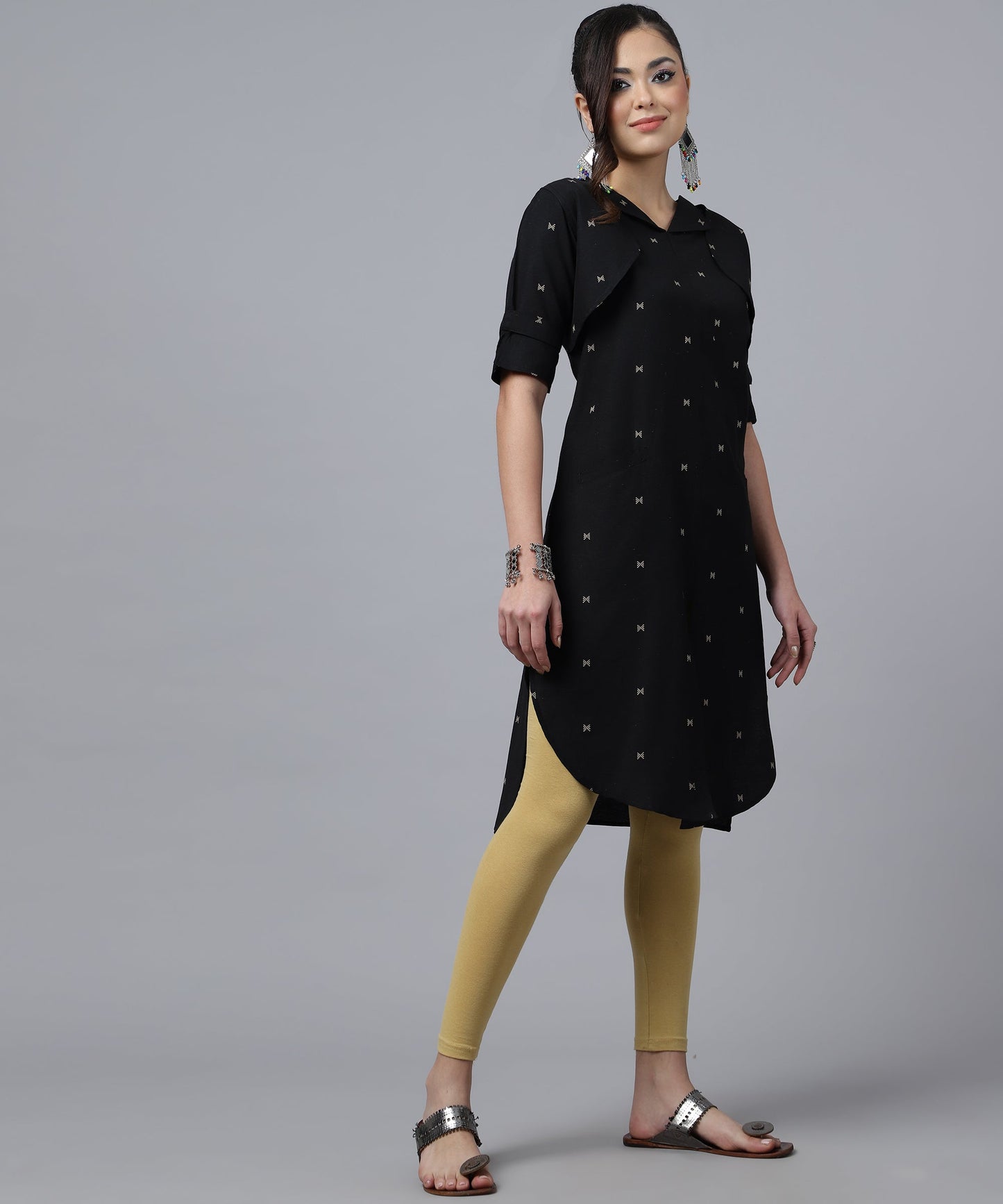 ANUSHIL Women Cotton Printed Center Slit Design V-Neck Elbow Sleeve Calf Length Kurti with Attached Koti (Black)