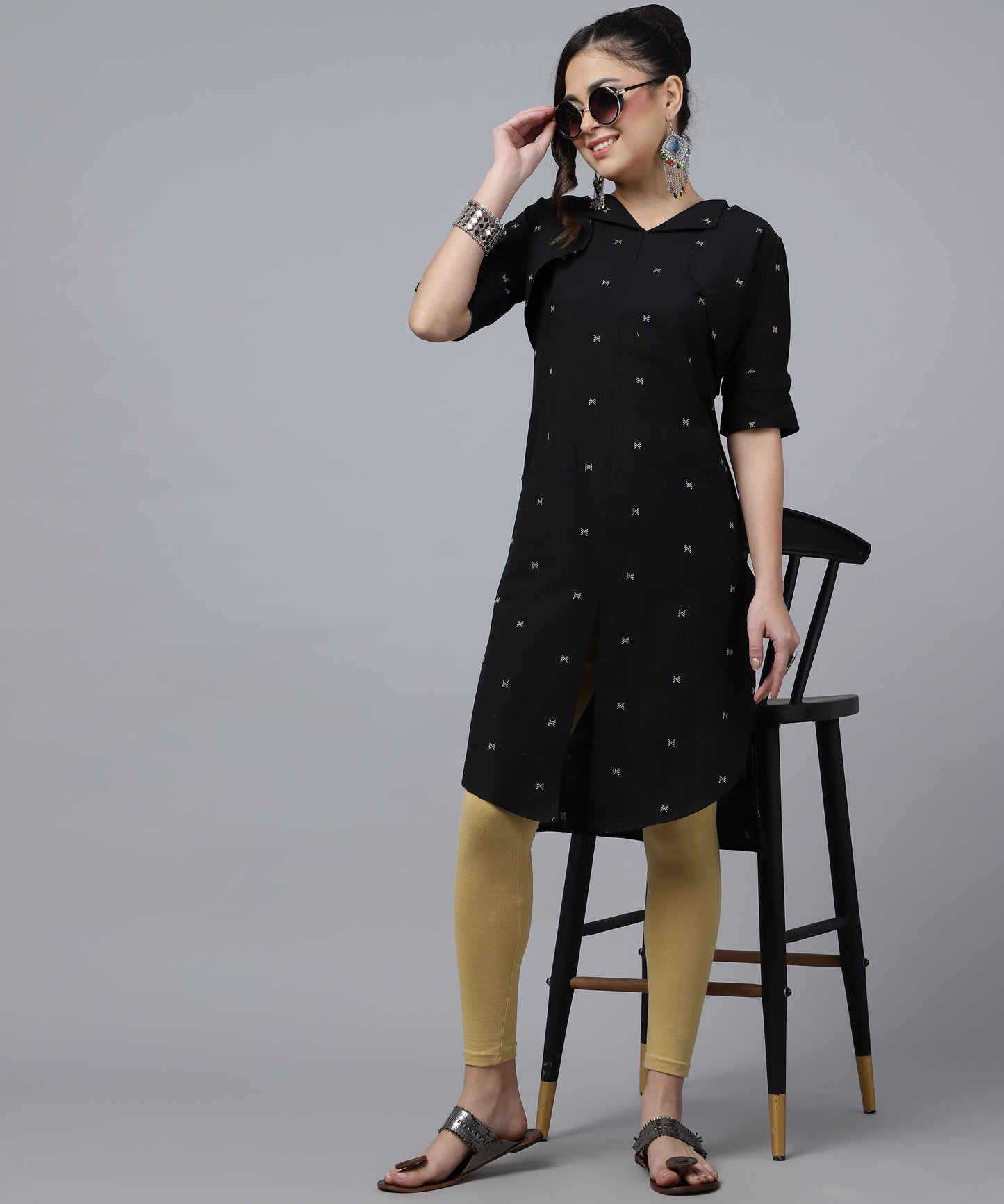 ANUSHIL Women Cotton Printed Center Slit Design V-Neck Elbow Sleeve Calf Length Kurti with Attached Koti (Black)