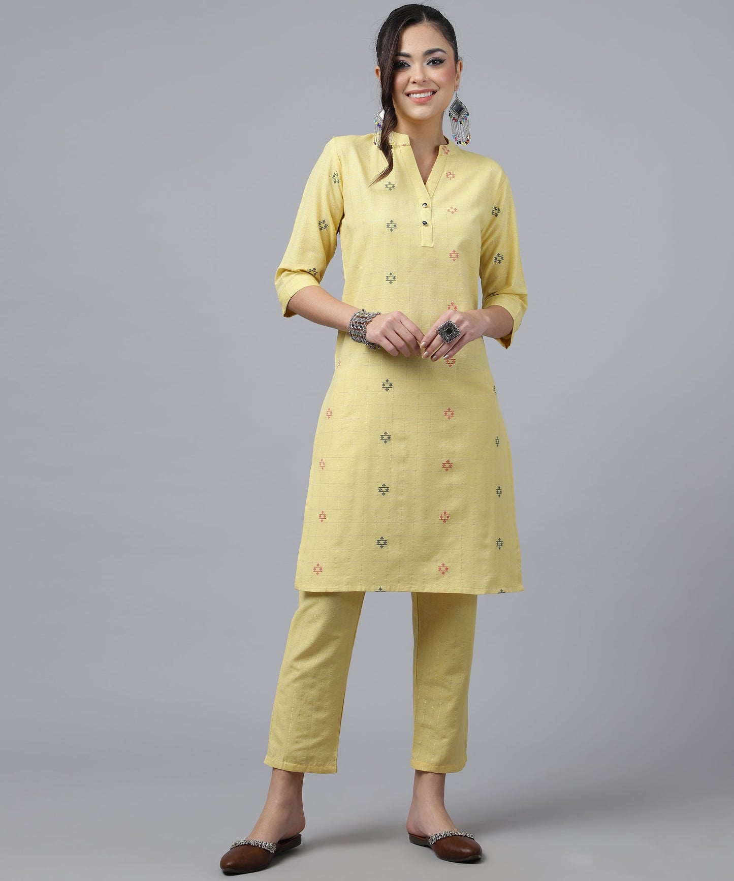 ANUSHIL Kurta Pant Set with Dupatta: Stunning V-Neck Lurex Checks and Embroidery, 3/4 Sleeves, Self-Design Pocket, Cotton Fabric(Yellow)