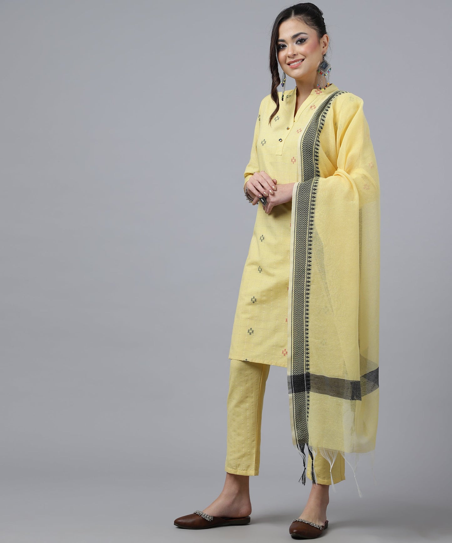 ANUSHIL Kurta Pant Set with Dupatta: Stunning V-Neck Lurex Checks and Embroidery, 3/4 Sleeves, Self-Design Pocket, Cotton Fabric(Yellow)