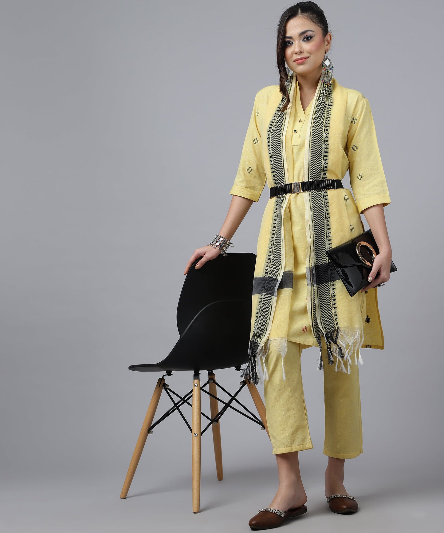 ANUSHIL Kurta Pant Set with Dupatta: Stunning V-Neck Lurex Checks and Embroidery, 3/4 Sleeves, Self-Design Pocket, Cotton Fabric(Yellow)