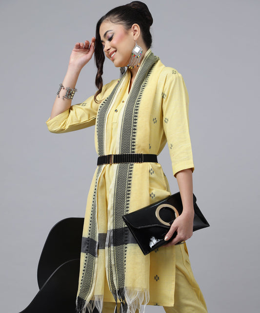 ANUSHIL Kurta Pant Set with Dupatta: Stunning V-Neck Lurex Checks and Embroidery, 3/4 Sleeves, Self-Design Pocket, Cotton Fabric(Yellow)