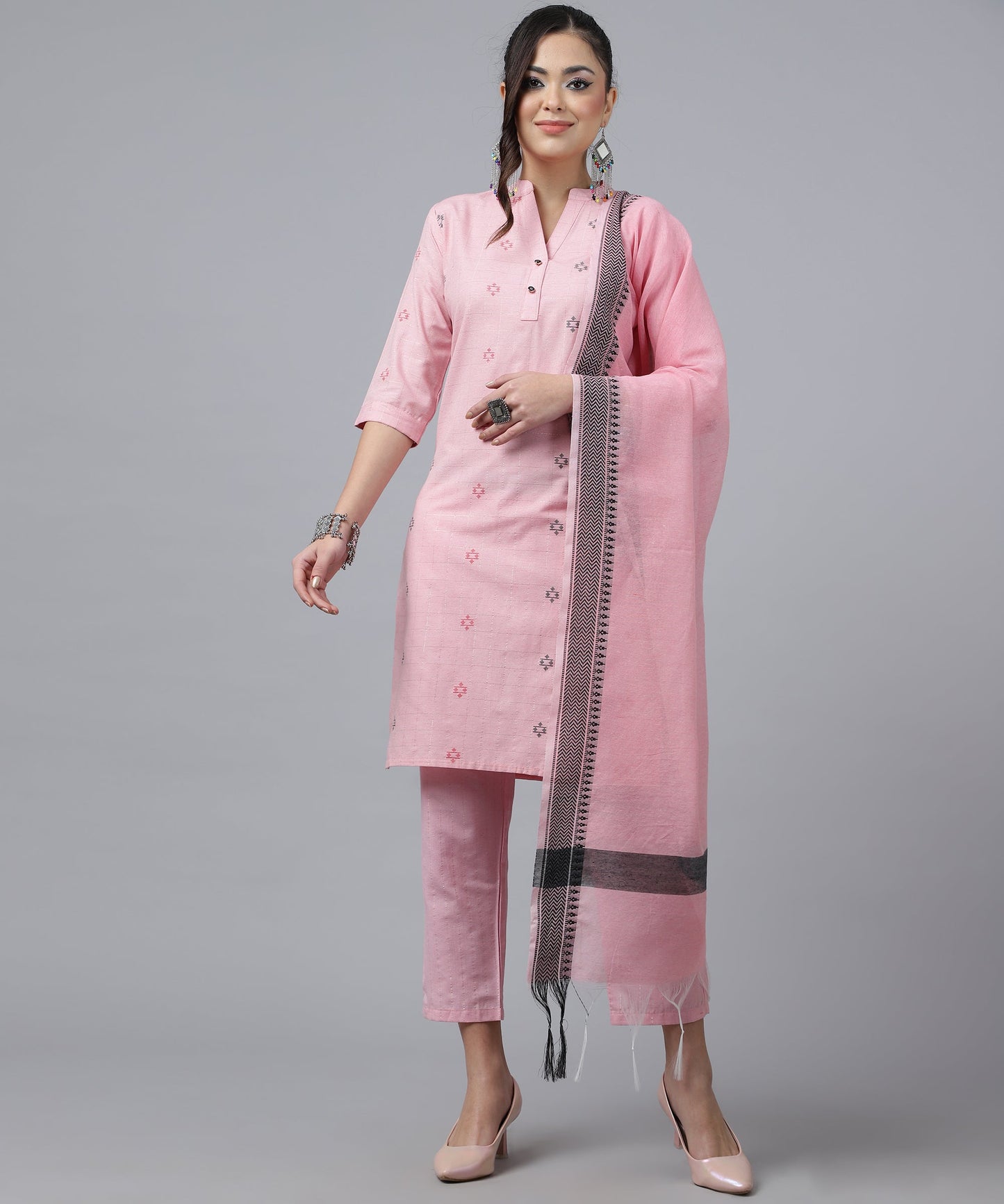 ANUSHIL Kurta Pant Set with Dupatta: Stunning V-Neck Lurex Checks and Embroidery, 3/4 Sleeves, Self-Design Pocket, Cotton Fabric(Pink)