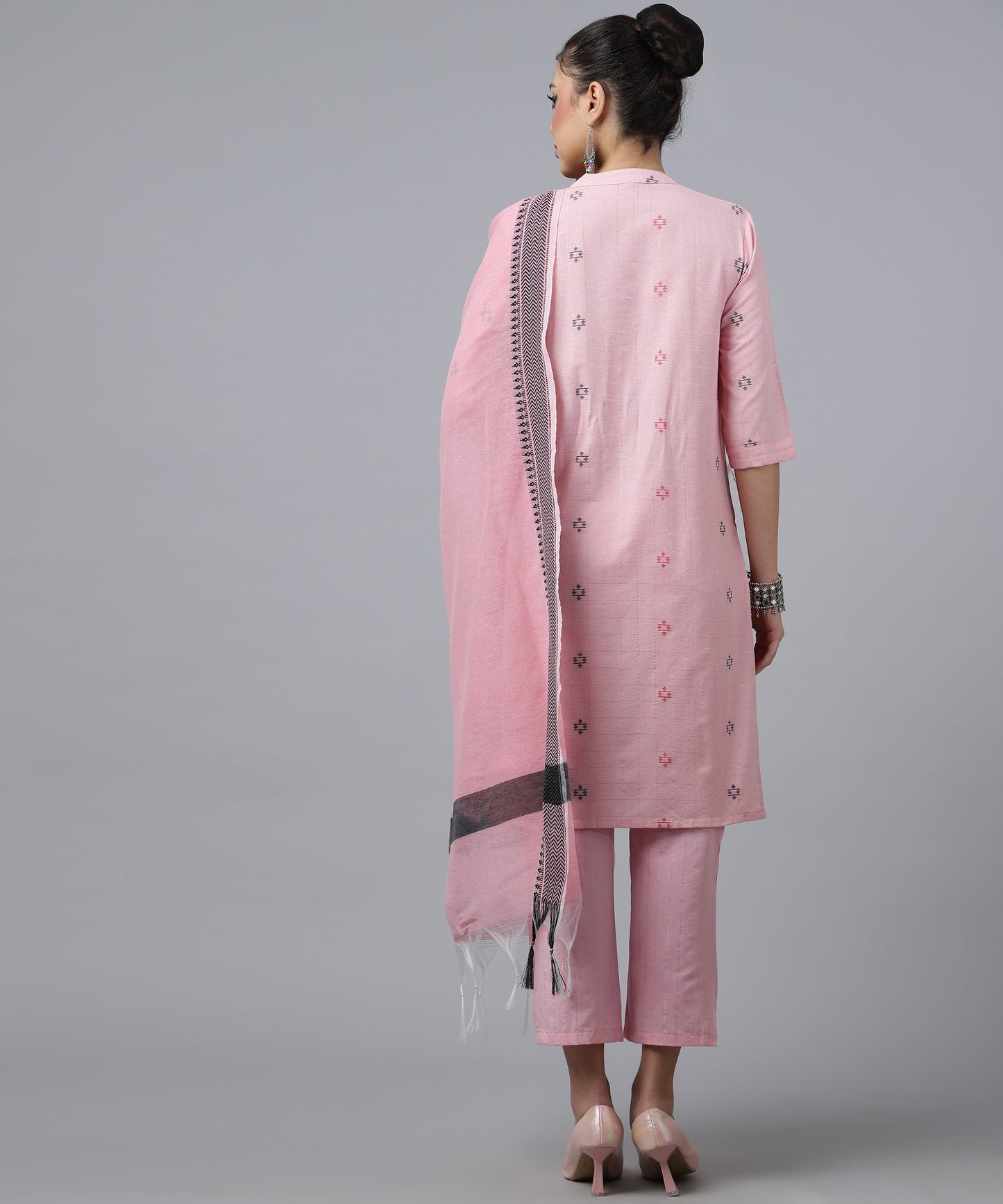 ANUSHIL Kurta Pant Set with Dupatta: Stunning V-Neck Lurex Checks and Embroidery, 3/4 Sleeves, Self-Design Pocket, Cotton Fabric(Pink)