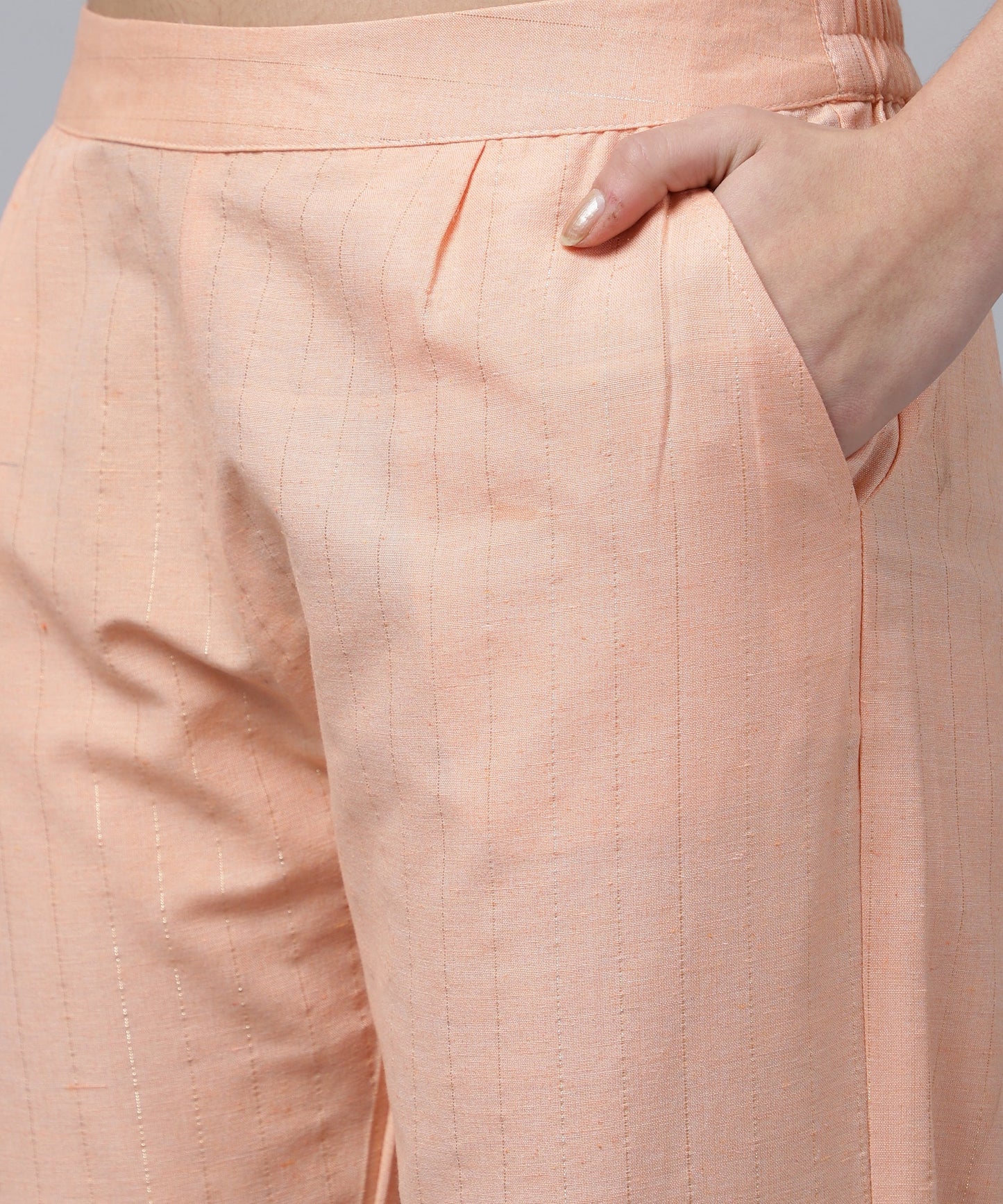 ANUSHIL Kurta Pant Set with Dupatta: Stunning V-Neck Lurex Checks and Embroidery, 3/4 Sleeves, Self-Design Pocket, Cotton Fabric(Peach)