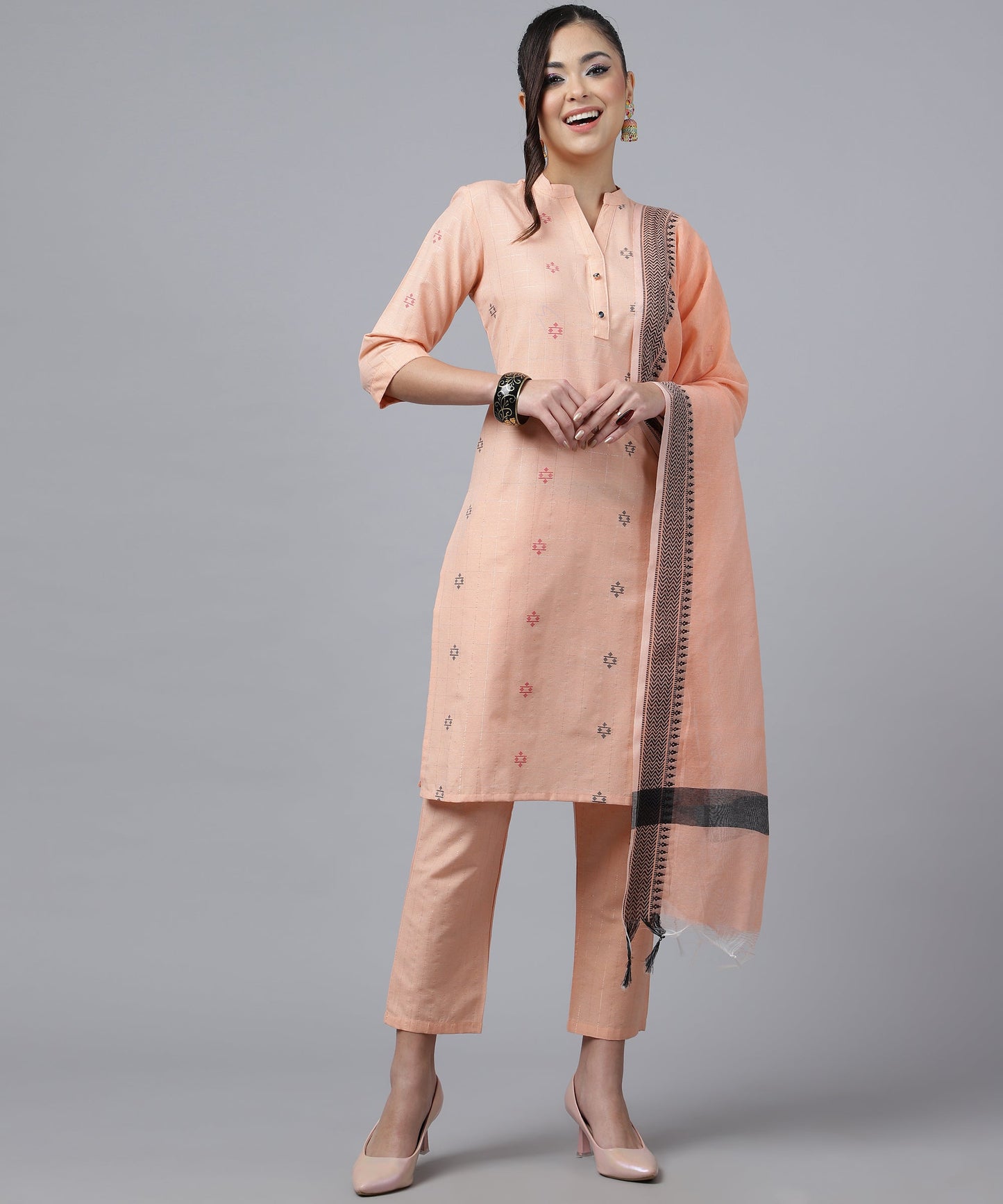 ANUSHIL Kurta Pant Set with Dupatta: Stunning V-Neck Lurex Checks and Embroidery, 3/4 Sleeves, Self-Design Pocket, Cotton Fabric(Peach)