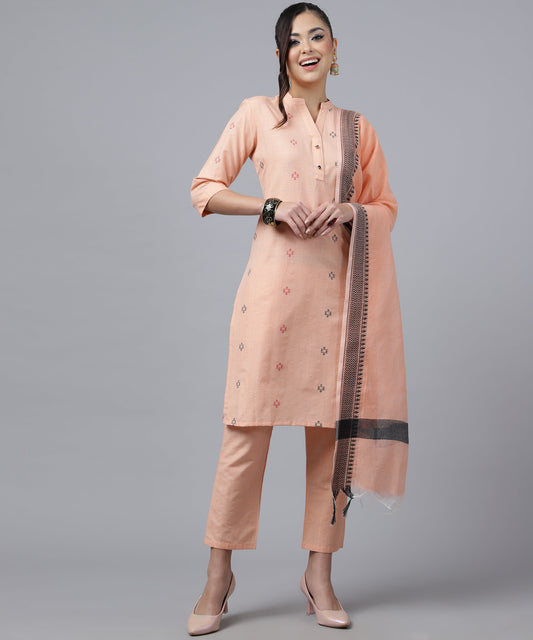 ANUSHIL Kurta Pant Set with Dupatta: Stunning V-Neck Lurex Checks and Embroidery, 3/4 Sleeves, Self-Design Pocket, Cotton Fabric(Peach)