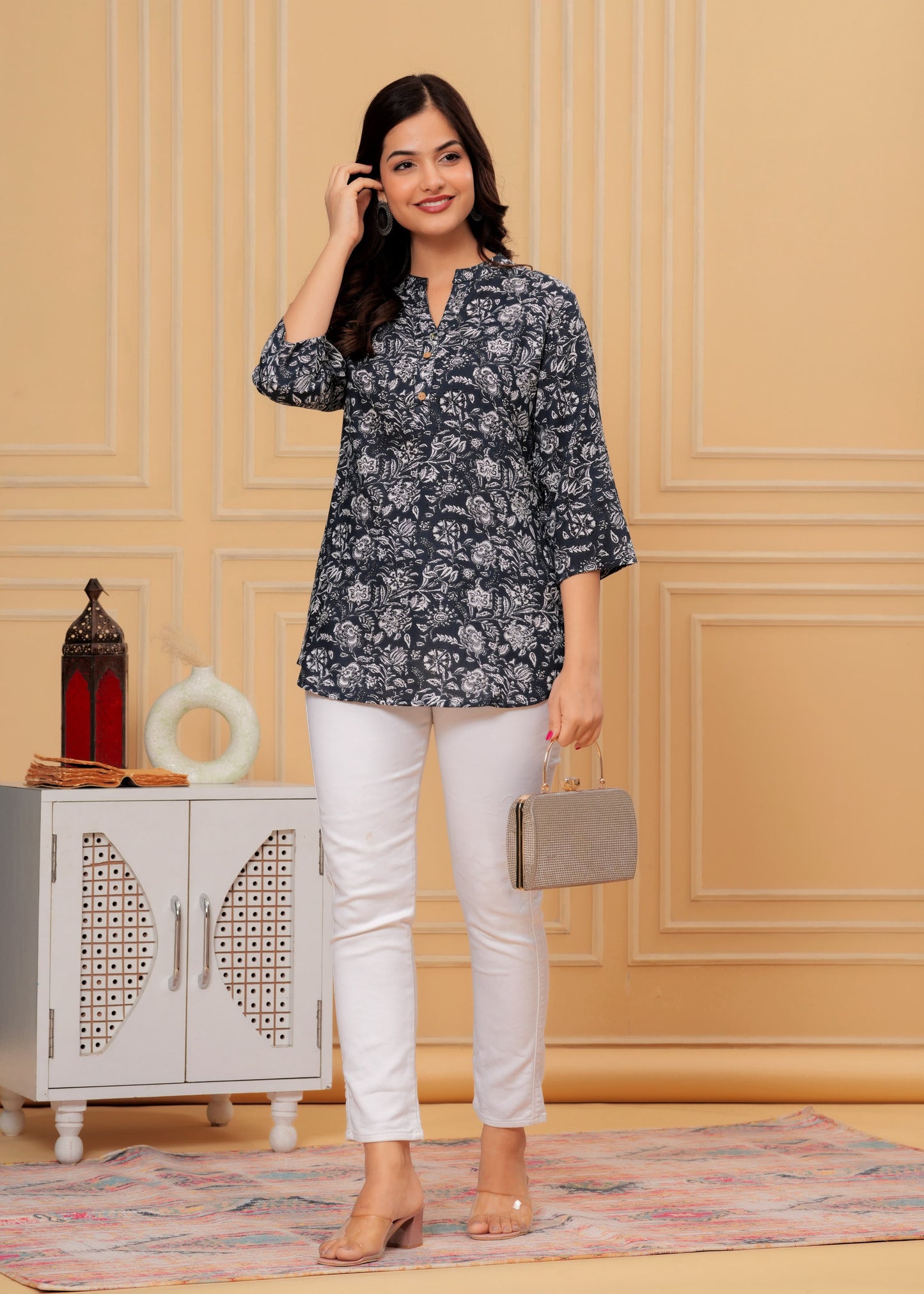 Women's Kurti & Tops| Stylish, Latest Cotton Kurti, Top Collection(Grey Flower)