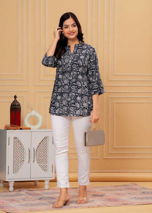 Women's Kurti & Tops| Stylish, Latest Cotton Kurti, Top Collection(Grey Flower)