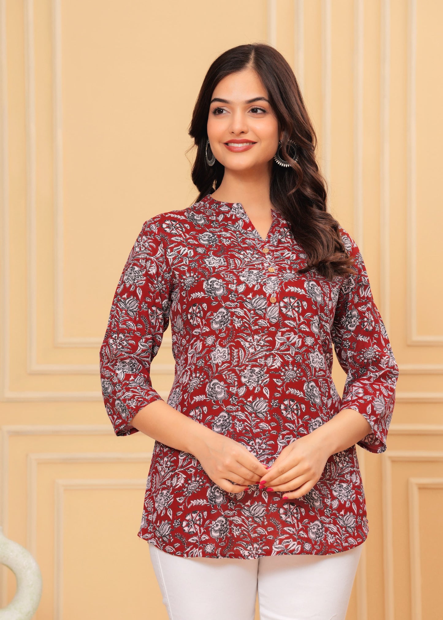 Women's Kurti & Tops| Stylish, Latest Cotton Kurti, Top Collection(Maroon Flower)