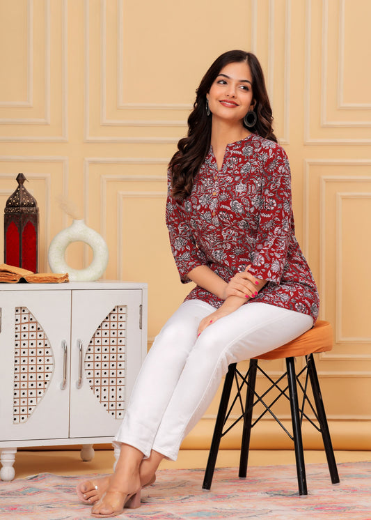 Women's Kurti & Tops| Stylish, Latest Cotton Kurti, Top Collection(Maroon Flower)