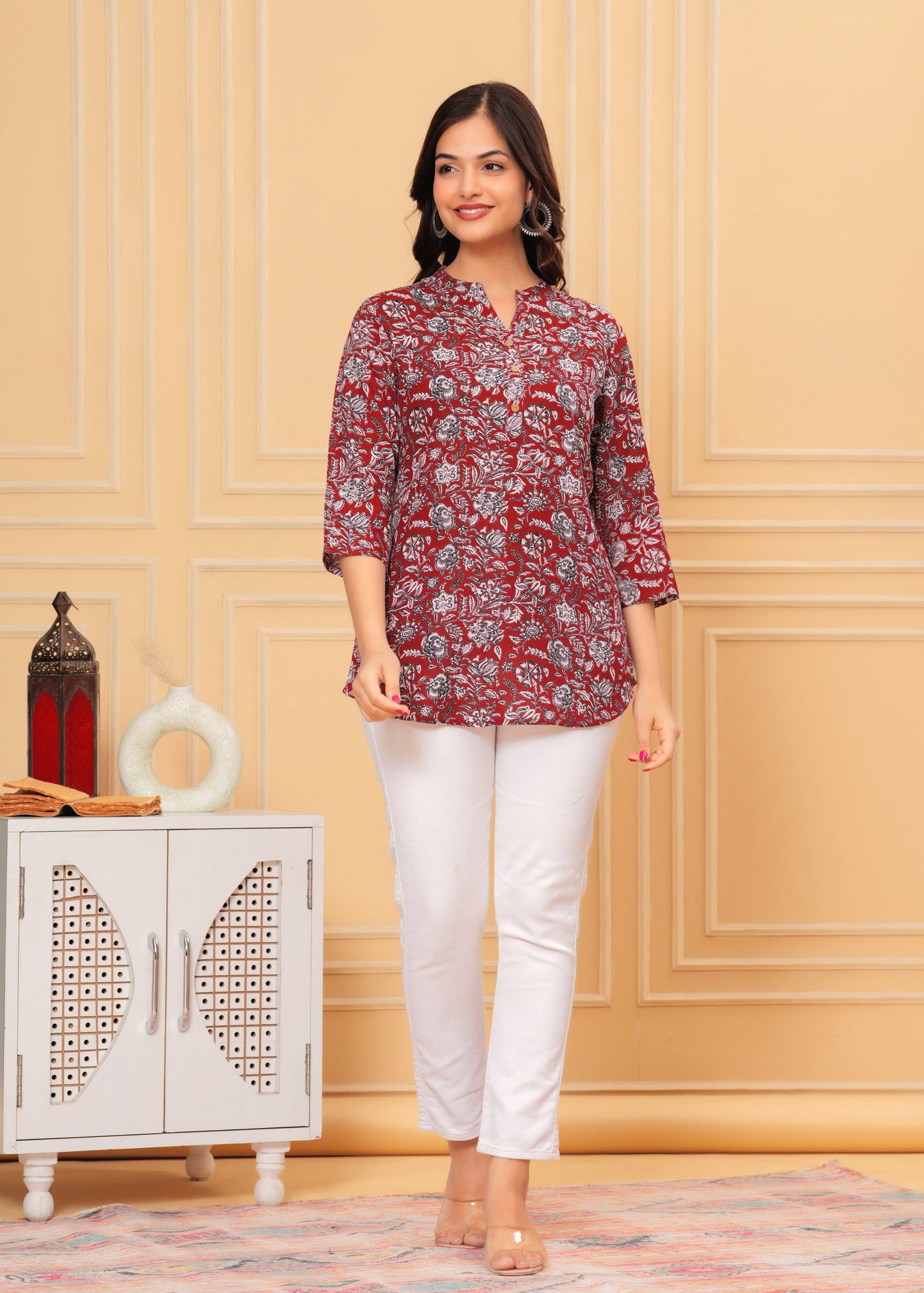 Women's Kurti & Tops| Stylish, Latest Cotton Kurti, Top Collection(Maroon Flower)