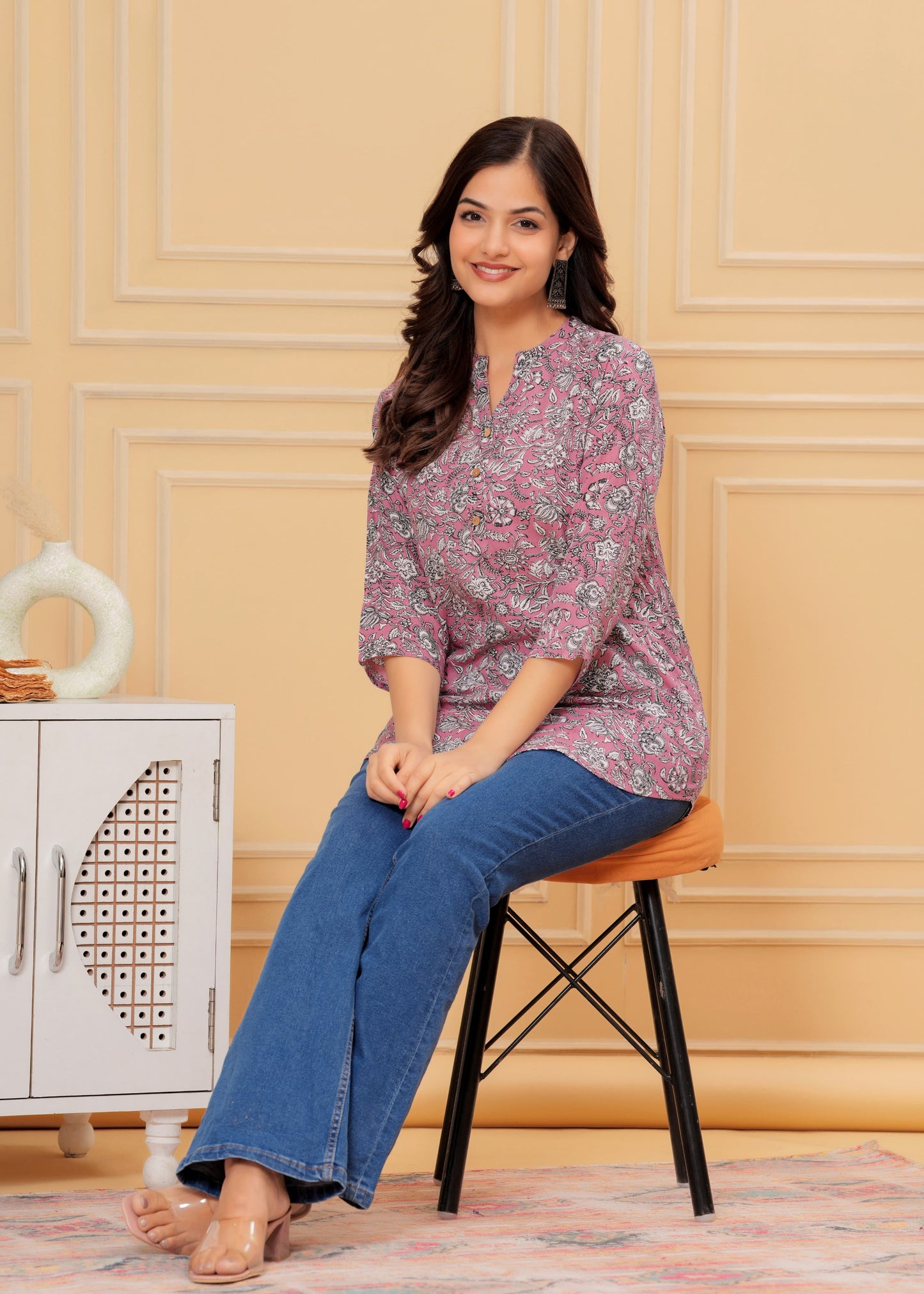 Women's Kurti & Tops| Stylish, Latest Cotton Kurti, Top Collection(Pink Flower)