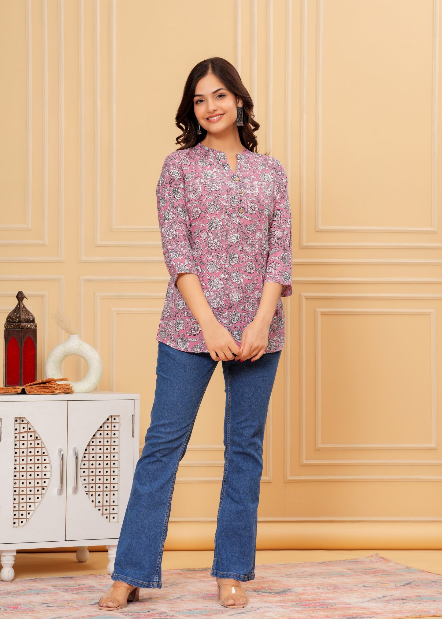 Women's Kurti & Tops| Stylish, Latest Cotton Kurti, Top Collection(Pink Flower)