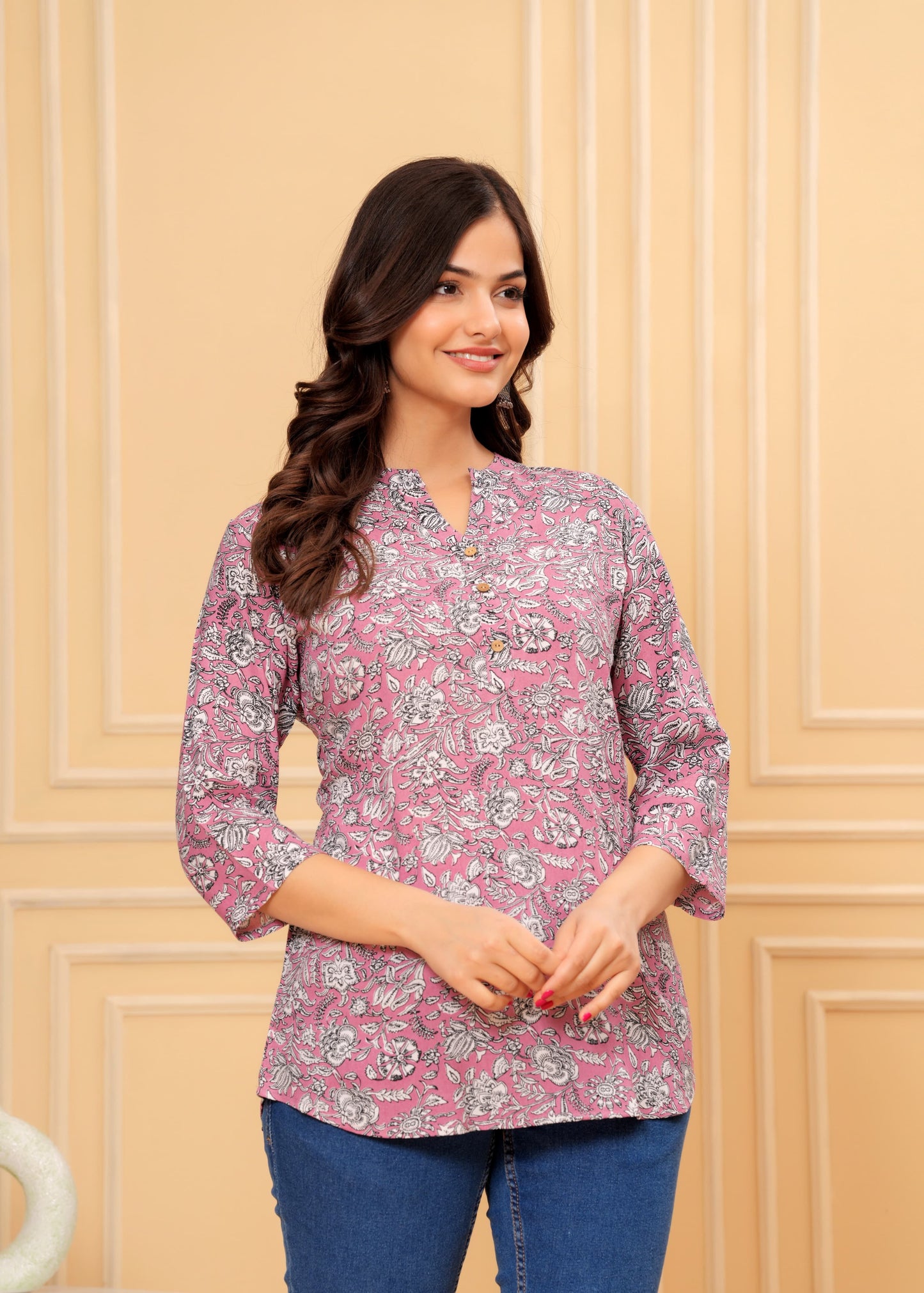 Women's Kurti & Tops| Stylish, Latest Cotton Kurti, Top Collection(Pink Flower)